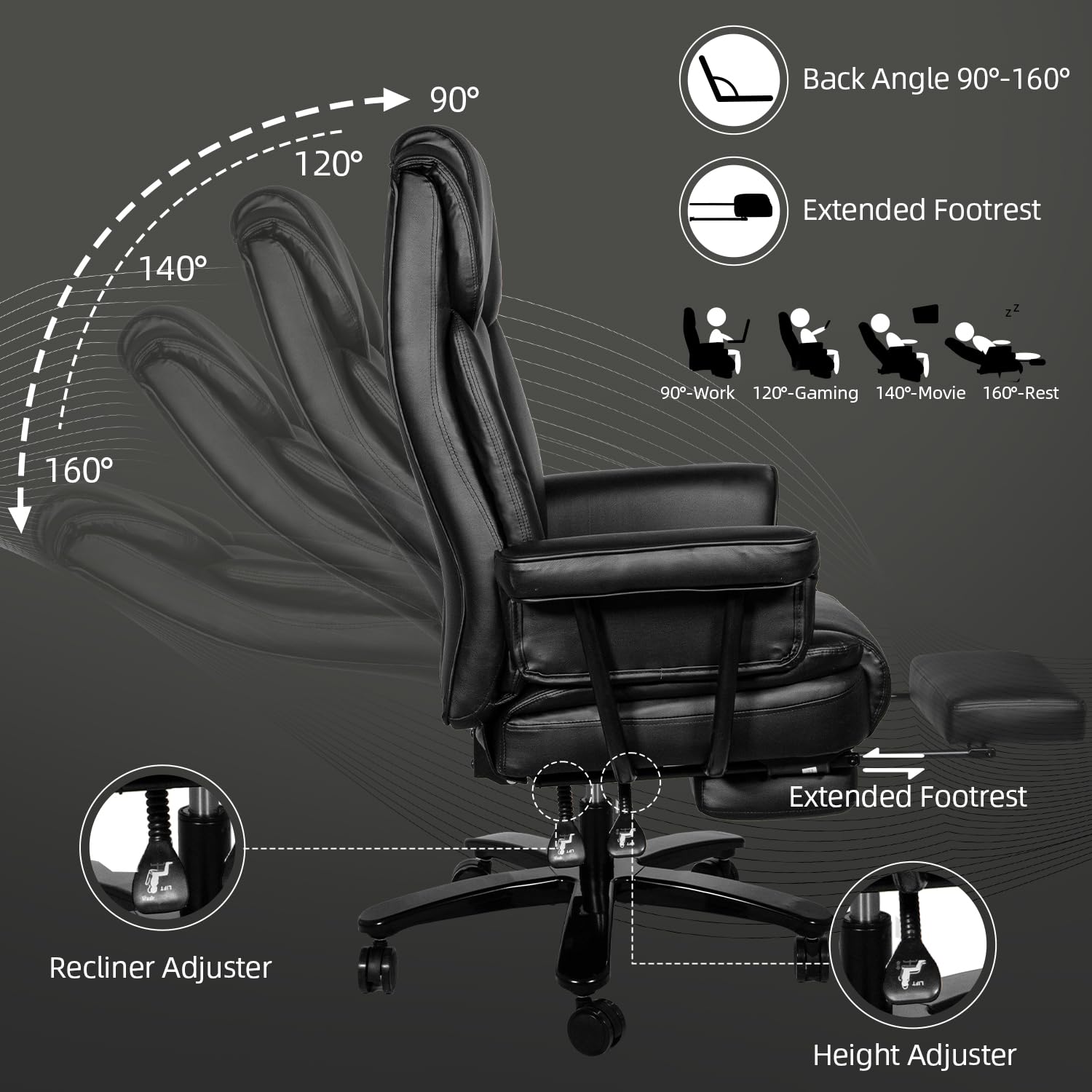 Sucrever Reclining Office Chair with Footrest, Big and Tall Home Office Desk Chairs 400lbs with High Back, Criss Cross Wide Seat, Heavy Duty Base, Pu Leather, Black