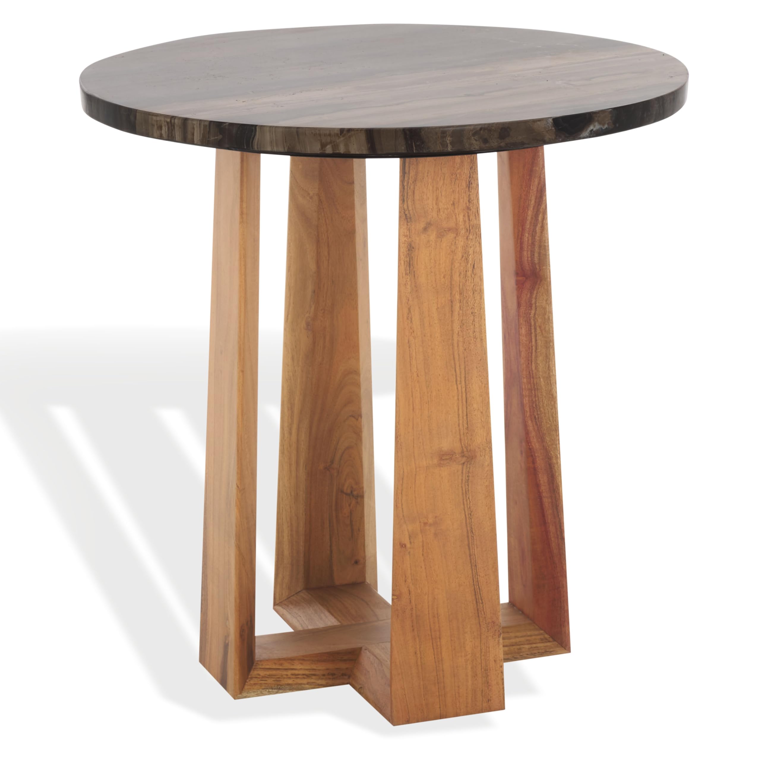 SAFAVIEH Couture Collection - Trenton Brown Marble Accent Table, Round Top with Sculptural Wood Base (SFV9704B)