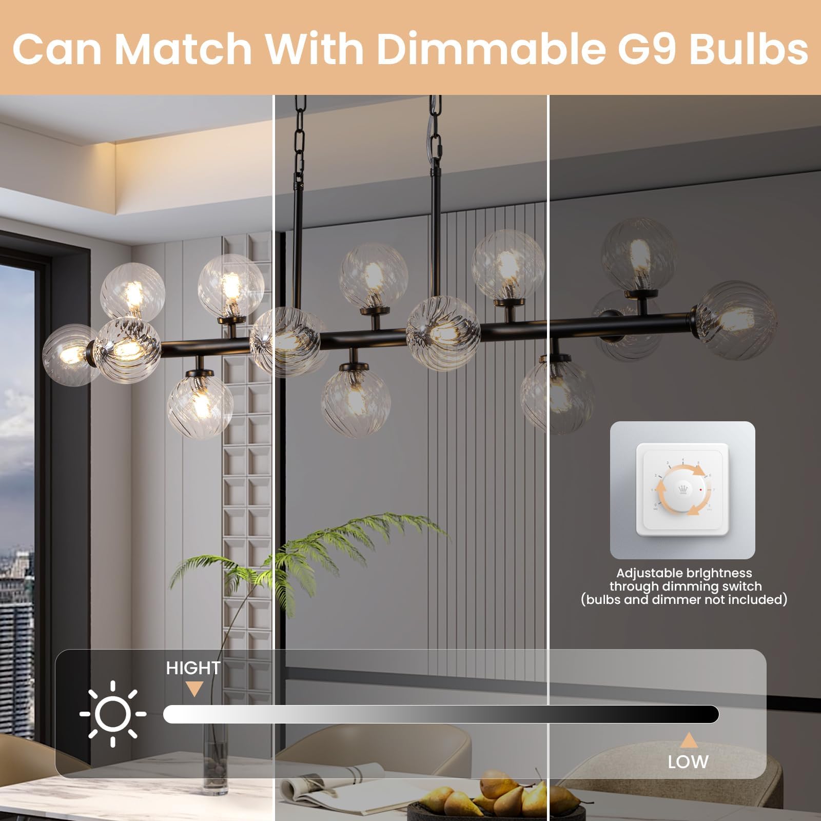 DFJL 50" Modern Linear Chandelier,Mid Century Black Finish and Transparent Pleats Glass Bubble Sputnik Pendant Light Fixtures, for Dining Room Kitchen Island Rectangle Over Table 16-Lights