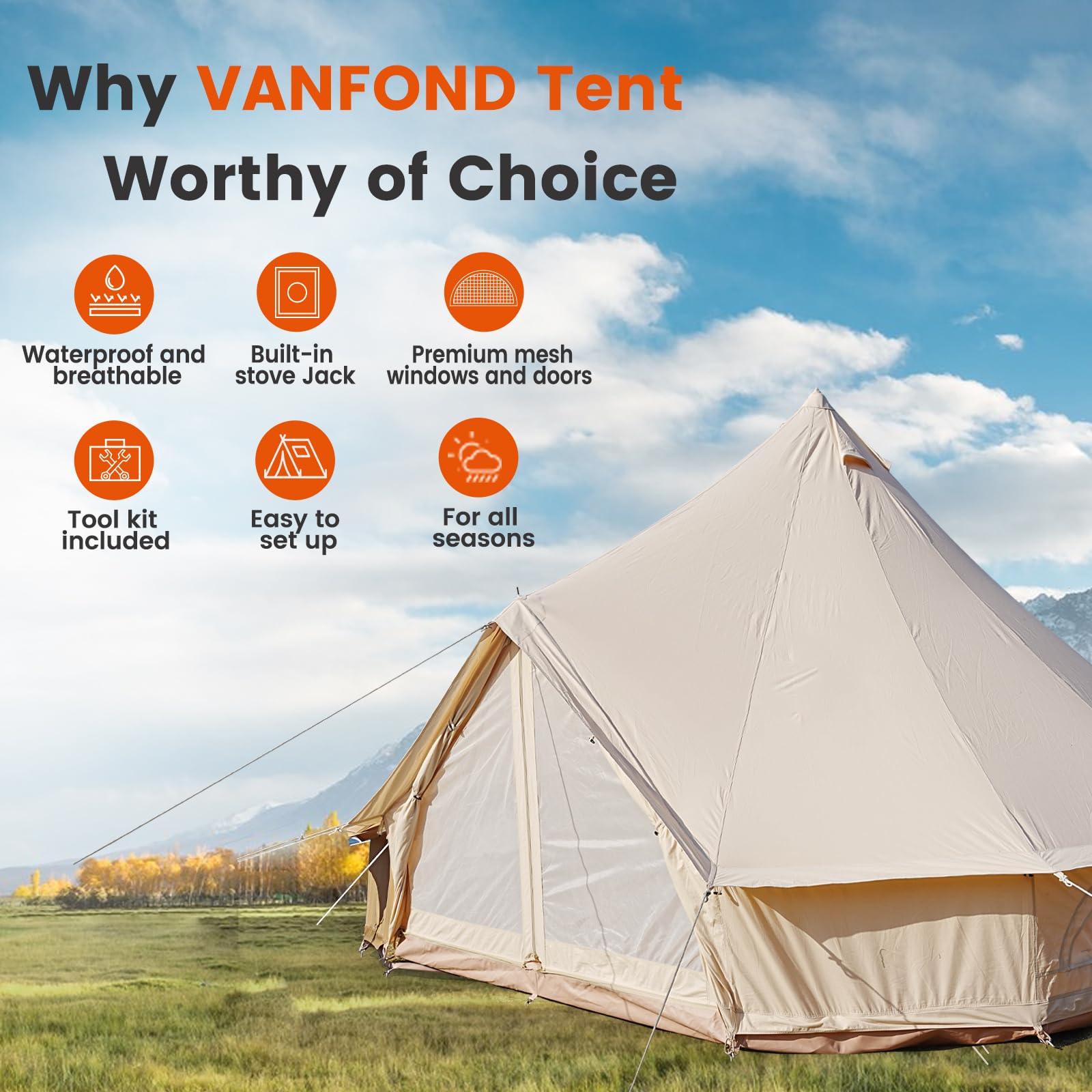 VANFOND Canvas Bell Tent, Yurt Tent with Stove Jack, Waterproof and Breathable Wall Tent, Glamping Tent, Detachable Groundsheet for Camping Party