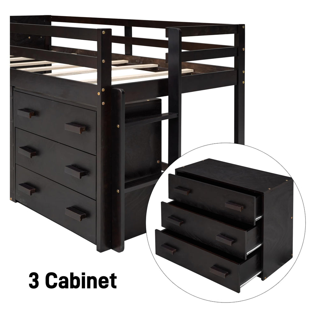 Merax Twin Wooden Loft Bed，Wood Bedframe for Kids Teens， Adults Bedroom with Cabinet, Shelf, Stairs, Espresso
