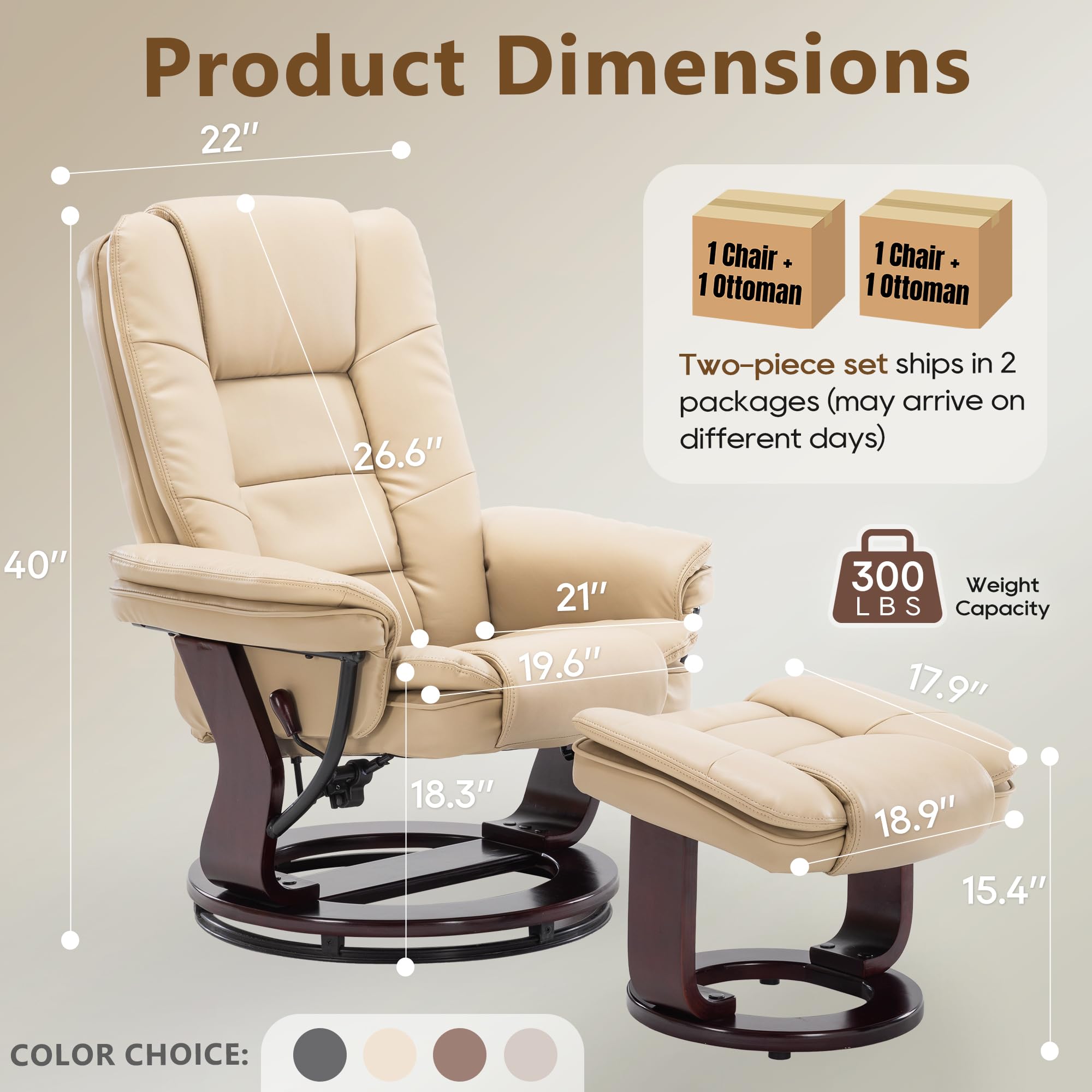 Argus Swivel Recliner with Ottoman, PU Leather & Wood Base Reclining Chair with Footrest, Ultra-Plush Double Foam for Living Room, Bedroom and Office, Set of 2