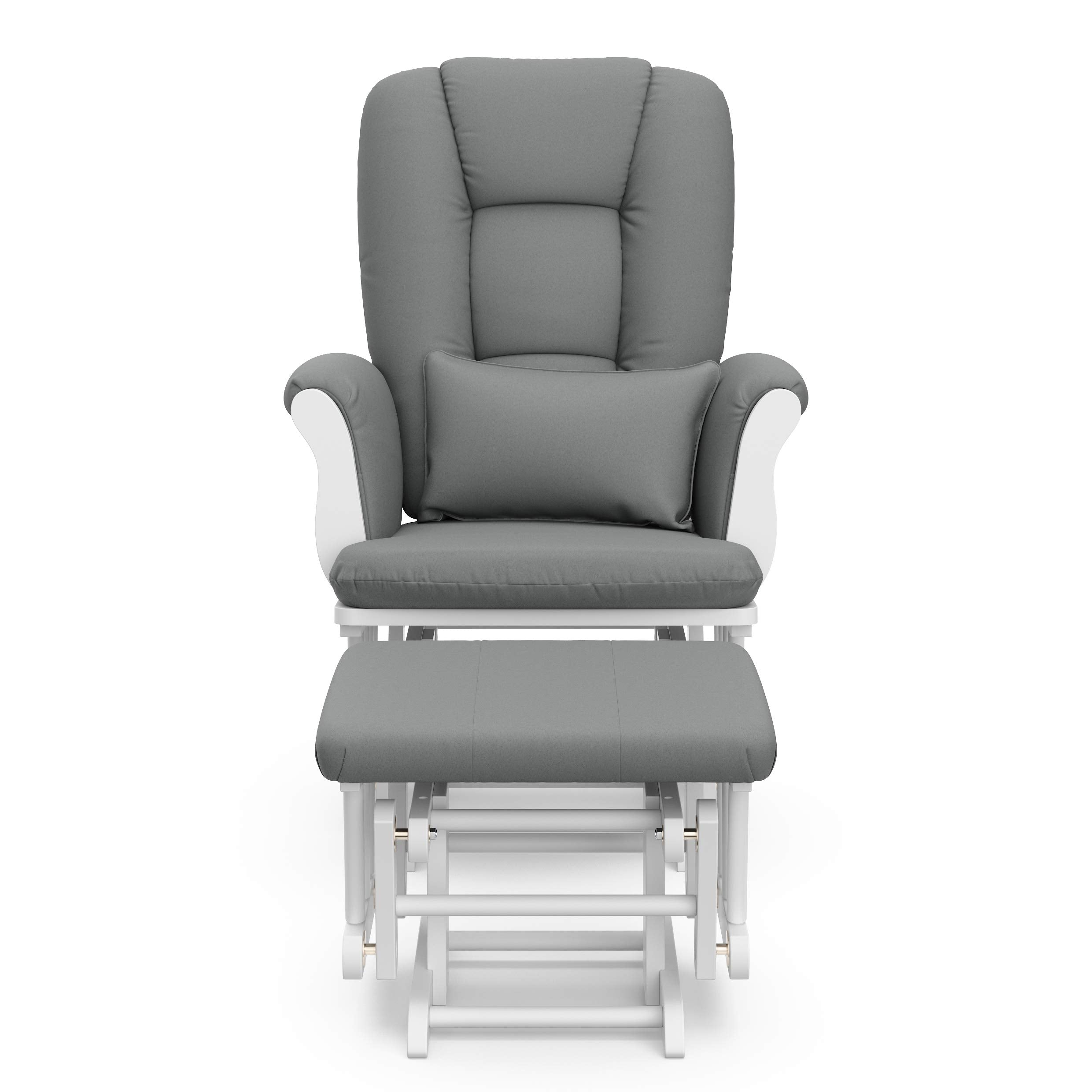 Storkcraft Tuscany Custom Glider and Ottoman with Free Lumbar Pillow (White/Grey) - Cleanable Upholstered Comfort Rocking Nursery Chair with Ottoman