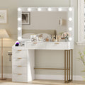 Feonase Vanity Desk, White 43'' Large Makeup Vanity Desk with Mirror and 12 Lights, 3 Color Modes, Glass Top Makeup Table with 6 Drawers and 2 Side Cabinets, Built in Charging Station