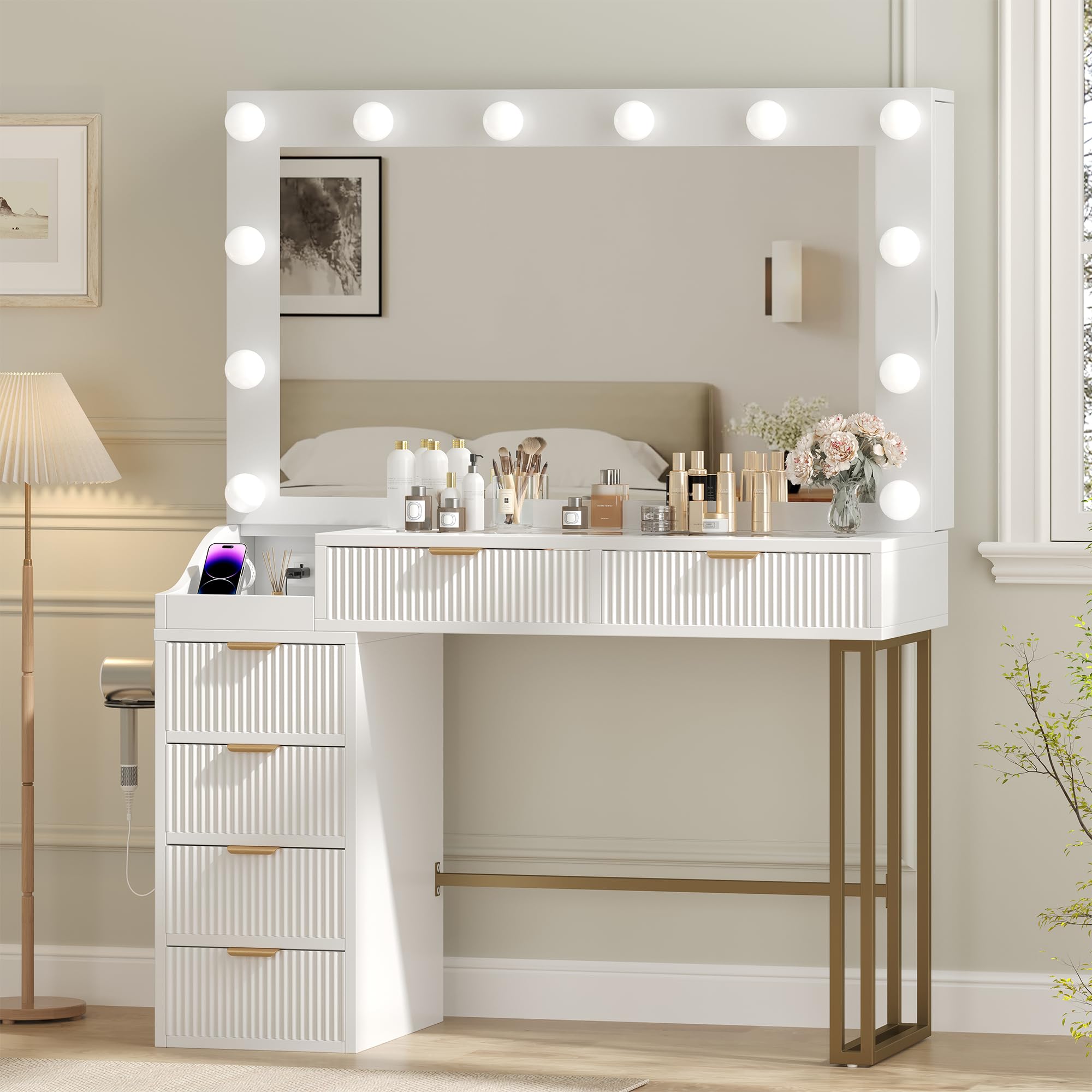 Feonase Vanity Desk, White 43'' Large Makeup Vanity Desk with Mirror and 12 Lights, 3 Color Modes, Glass Top Makeup Table with 6 Drawers and 2 Side Cabinets, Built in Charging Station