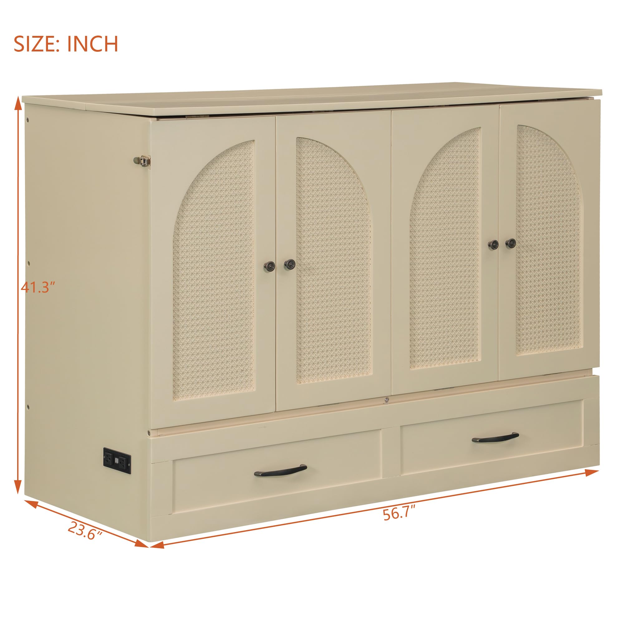Merax Full Size Murphy Bed with Charging Station and Large Storage Drawer, Foldable Pull Out Murphy Chest Bed for Apartments, Bedrooms, Studio, No Spring Box Needed, Gold