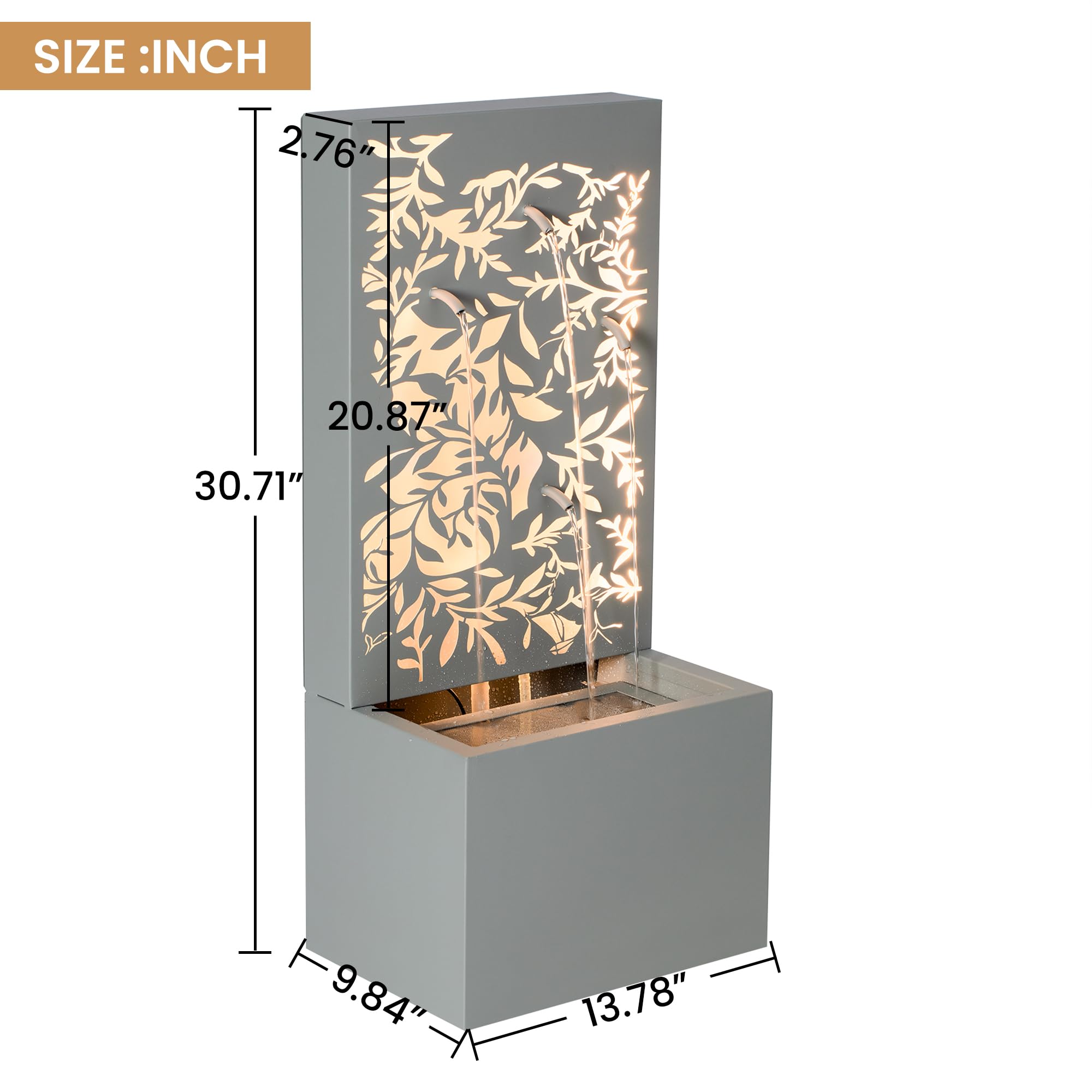 Merax 30.71" H Light Gray Metal Leaf Cutout Outdoor Water Wall Fountain with LED Lights, Modern Waterfall Feature for Patio Garden Backyard Decor