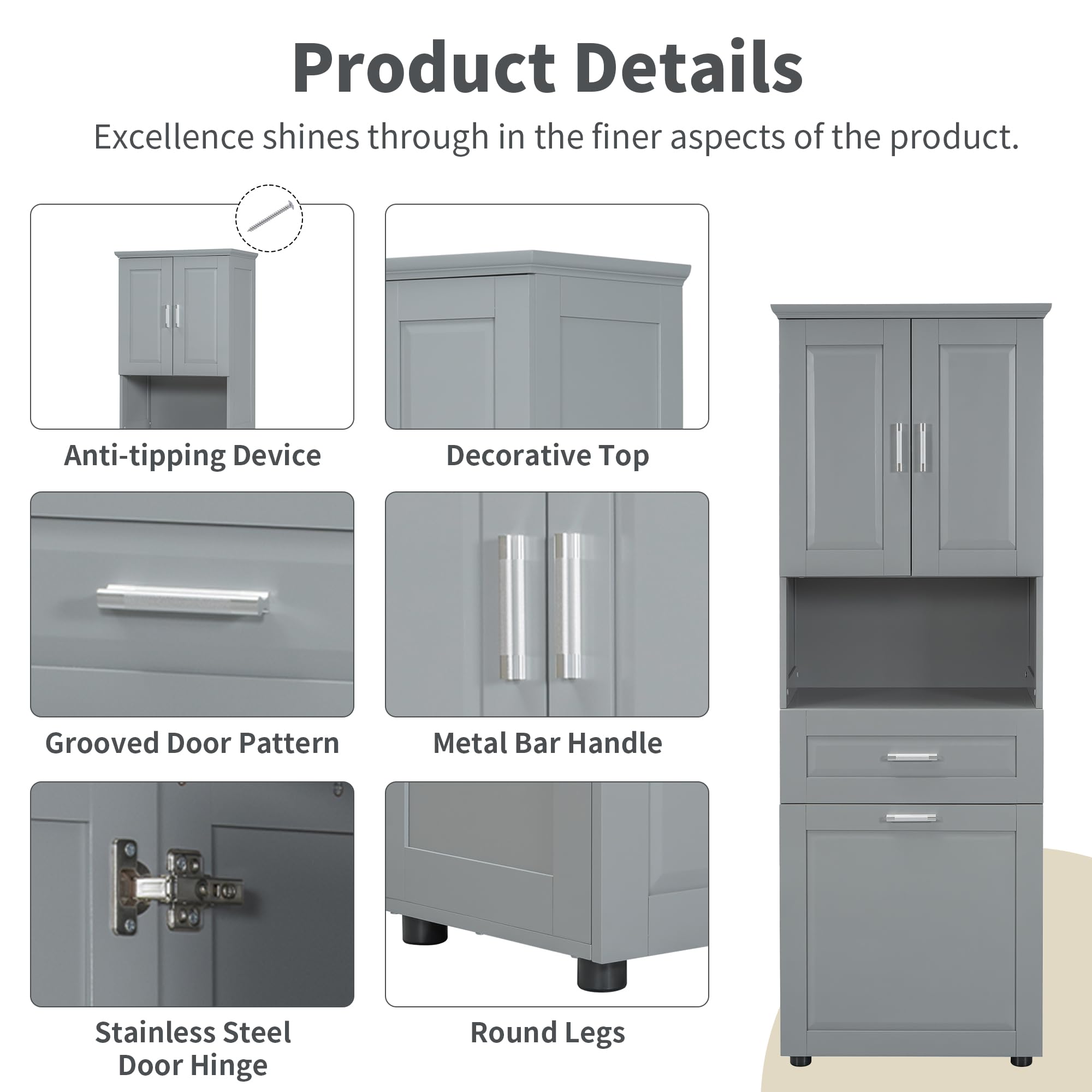 Virubi Tall Laundry Cabinet with Tilt Out Laundry Hamper and Drawer, Modern Wood Bathroom Storage Cabinet with Doors and Adjustable Shelves, Freestanding, Grey