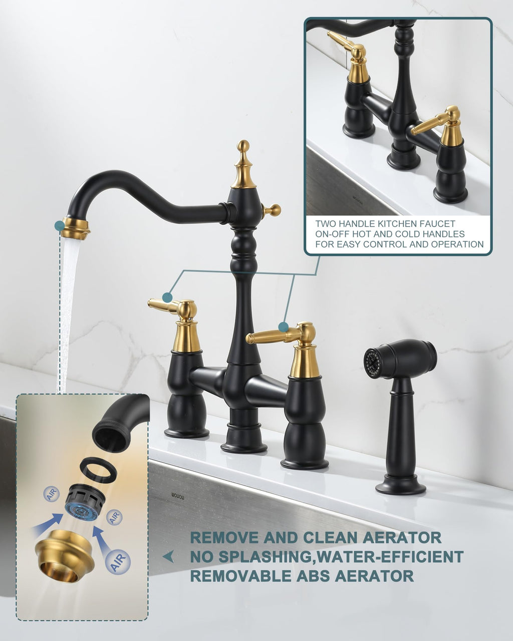 Kitchen Faucet Bridge with Side Sprayer, 4 Hole Brass Kitchen Faucet with 360° Swivel Tap, 2 Handle 8 Inch Vintage Faucet for Kitchen Sinks, Black Gold
