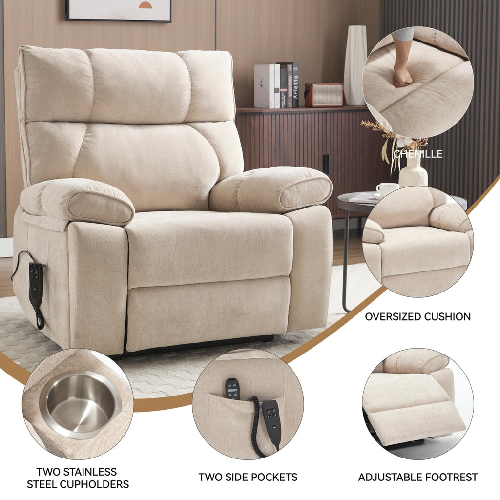 RHHVVR Oversized Power Lift Recliner Chair for Adults, Large Electric Lift Recliners with Massage Heating, Medium-Firm Electric Lay Flat Reclining Chair Sofa for Living Room, Leather Brown