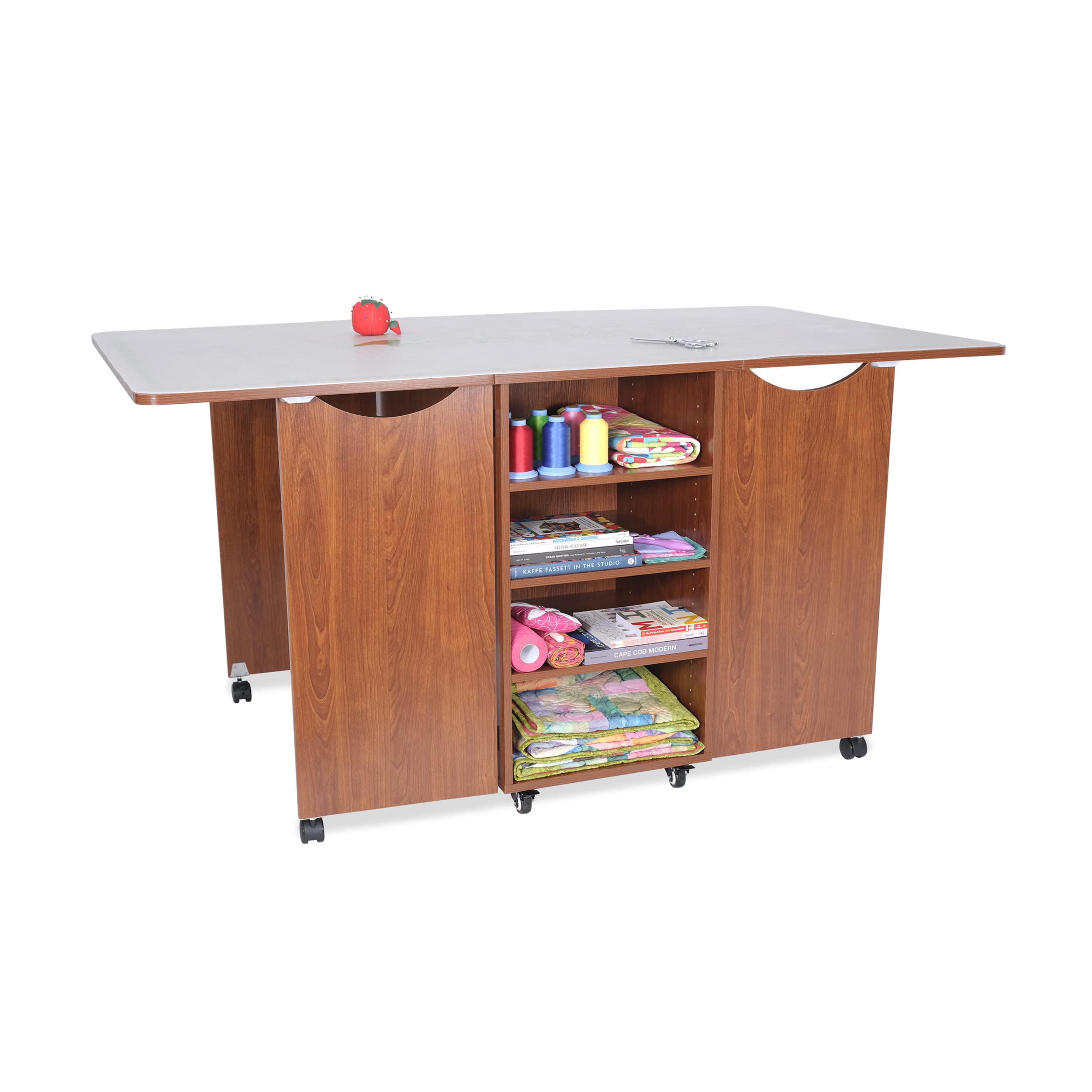 Kangaroo Kookaburra Cutting Table – Large Sewing, Quilting & Craft Workstation with Expandable 70” x 40” Surface, Storage Drawers, Shelves & Rolling Locking Casters, Teak Finish