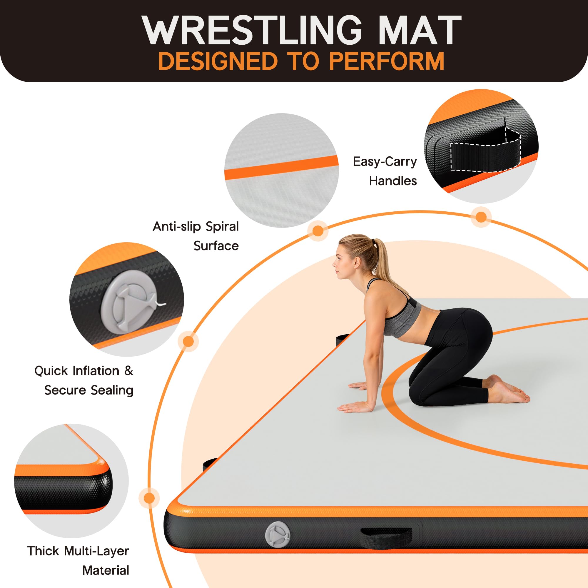 Specraft 10x10 FT Inflatable Wrestling Mat 4" Thick PVC Orange/Gray Waterproof Jiu Jitsu Mats for Jiu Jitsu, BJJ, MMA, Grappling & Water Yoga, Indoor/Outdoor, Includes Dust Bag & Repair Kit