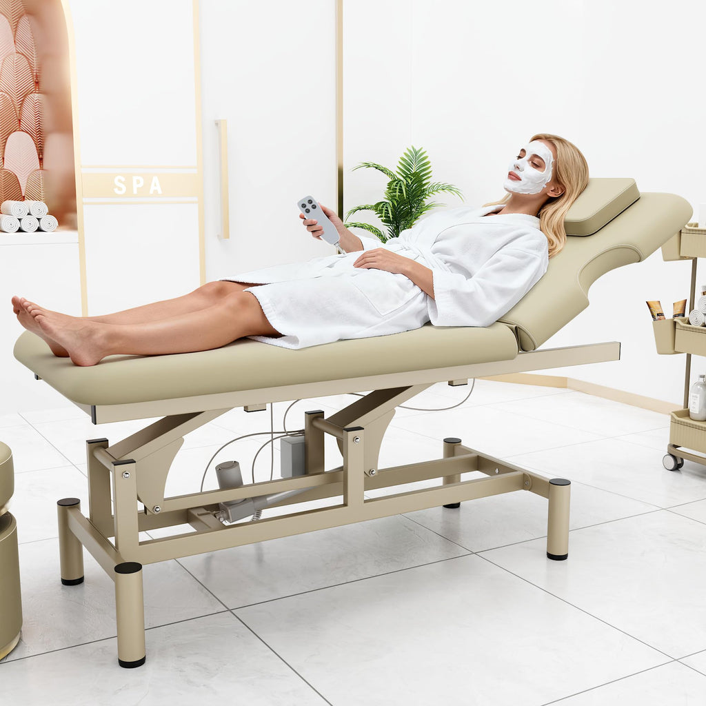 Dolonm 2 Motors Electric Massage Table, Hydraulic Electric Lift Adjustable Backrest and Height Lifting for Treatment, Physical Therapy, Spinal Massage, Facial Spa, Waxing, Tattooing - Beige Gray