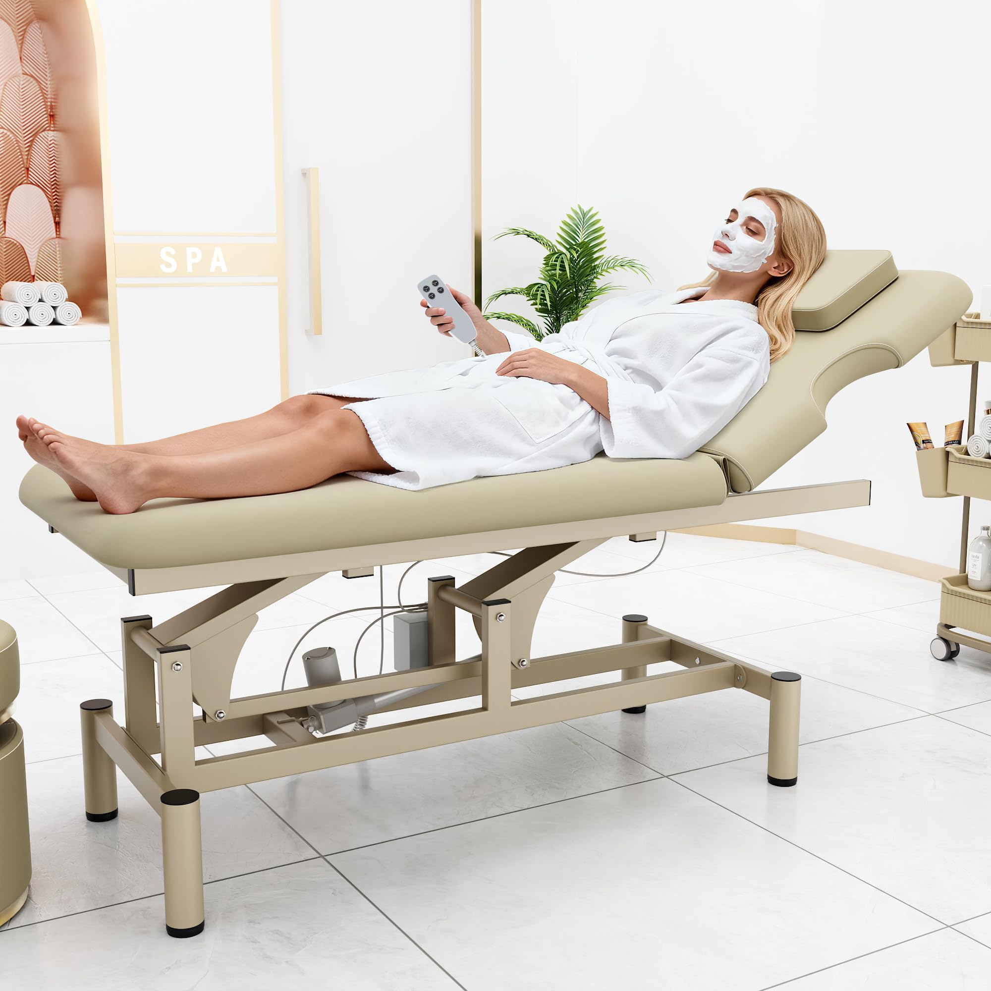 Dolonm 2 Motors Electric Massage Table, Hydraulic Electric Lift Adjustable Backrest and Height Lifting for Treatment, Physical Therapy, Spinal Massage, Facial Spa, Waxing, Tattooing - Beige Gray