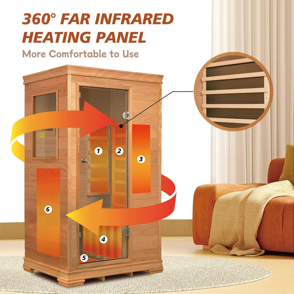 Far Infrared Sauna Room for 1 Person, Power 960W/120V with Elevated Base, 6 Heating Panels, Built-in Speakers, Tea Tray, Control Panel, 35 * 27 * 61 Inch
