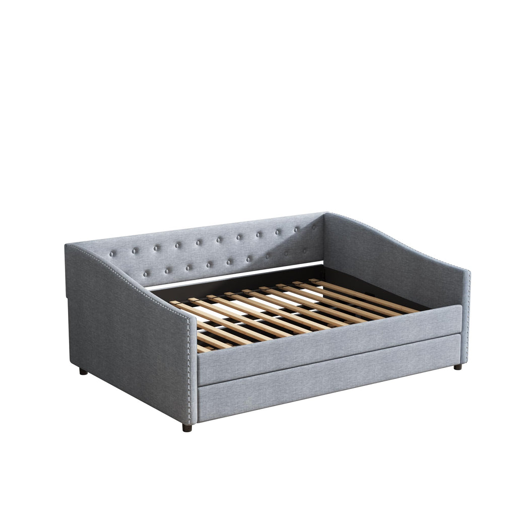 Ball & Cast Full Size Daybed with Twin Size Trundle,Upholstered Day Bed Frame w/Button Tufted Back and Wave Shape Arm for Bedroom, Guest Room,Apartment,Light Grey