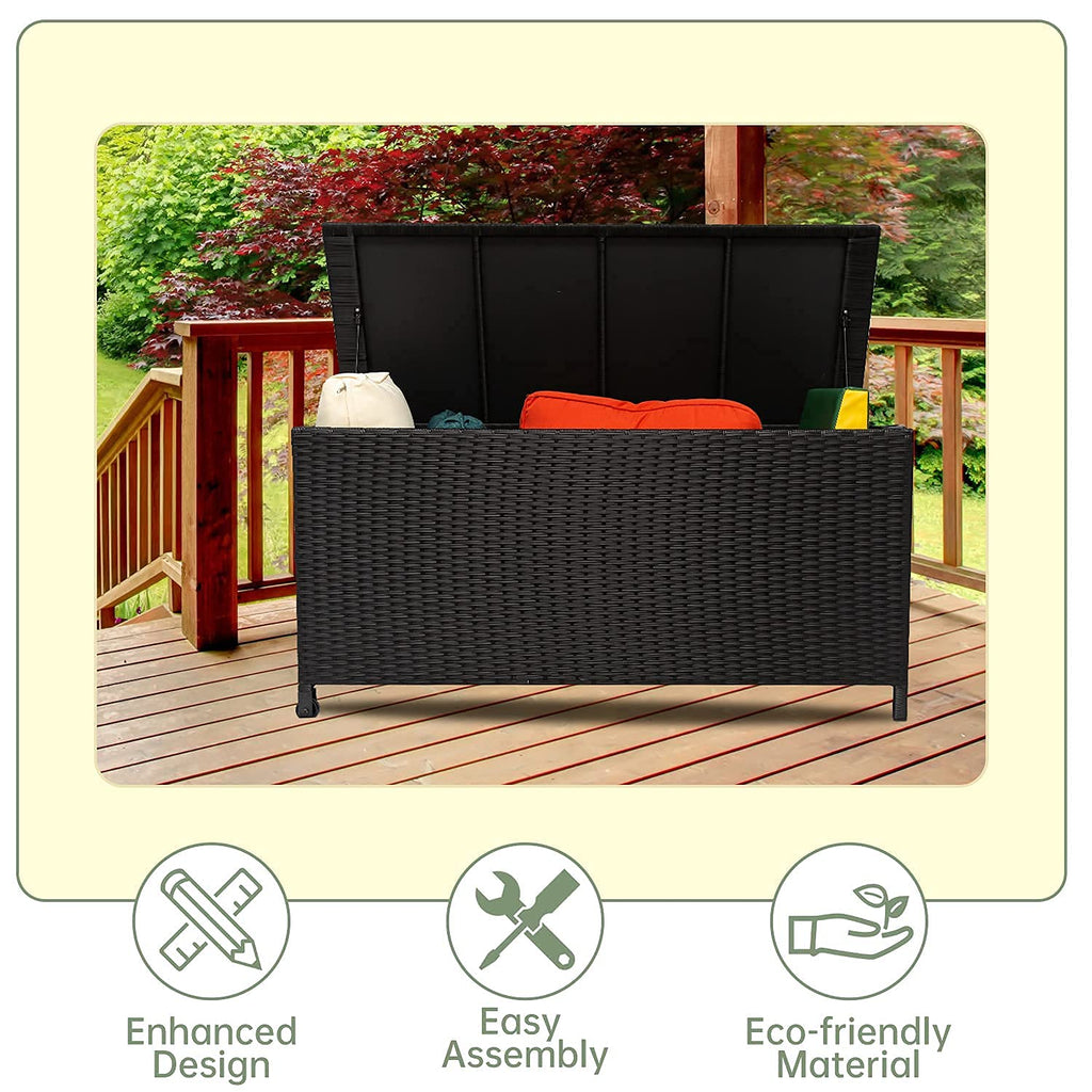 Outdoor Wicker Storage Box, Rattan Woven Bin Deck Box, Large Capacity Water-resistant Container for Patio Garden Tools, Pool Toys, Pillows, Cushions (Black)