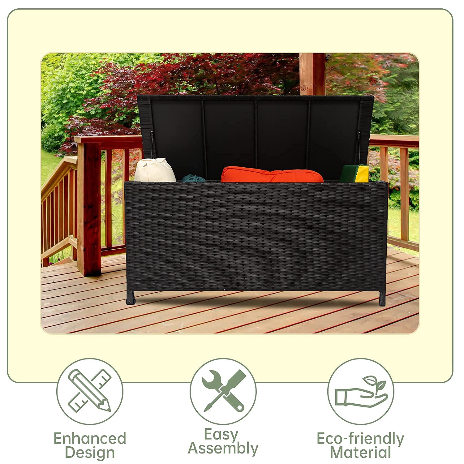 Outdoor Wicker Storage Box, Rattan Woven Bin Deck Box, Large Capacity Water-resistant Container for Patio Garden Tools, Pool Toys, Pillows, Cushions (Black)