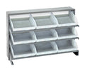 Quantum QPRHA-109CL Sloped Quickpick Cart | Bench Style Mobile Storage Rack for Industrial Display | (9) QSB109 Clear Bins; (3) Shelves | 250 lbs Capacity, 12.5"L x 36"W x 23"H, Gray, Carbon Steel