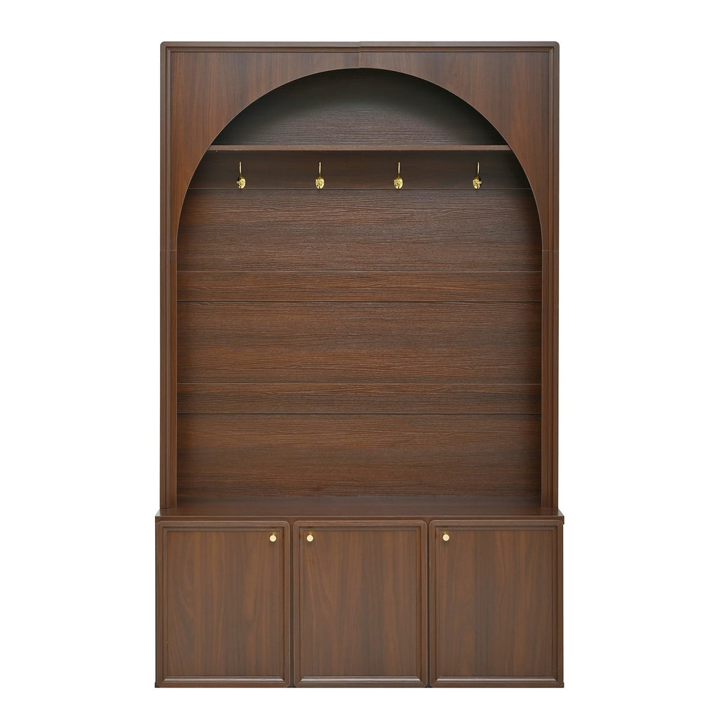 roomfitters Modern Arched Entryway Hall Tree with 3 Storage Cabinets, Upper Shelf and Coat Hooks for Mudroom, Walnut