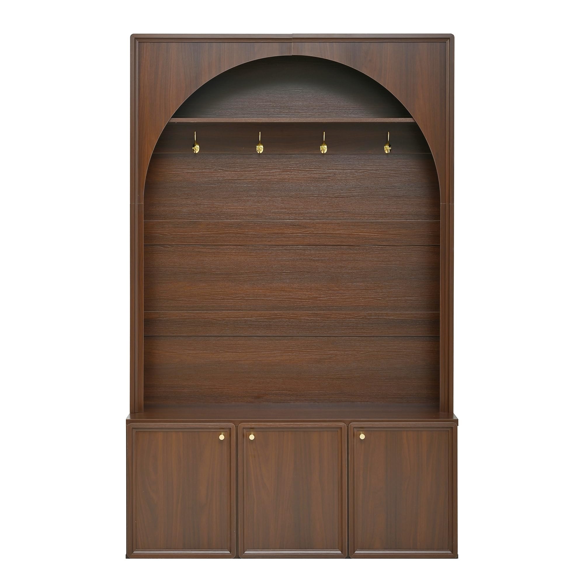 roomfitters Modern Arched Entryway Hall Tree with 3 Storage Cabinets, Upper Shelf and Coat Hooks for Mudroom, Walnut