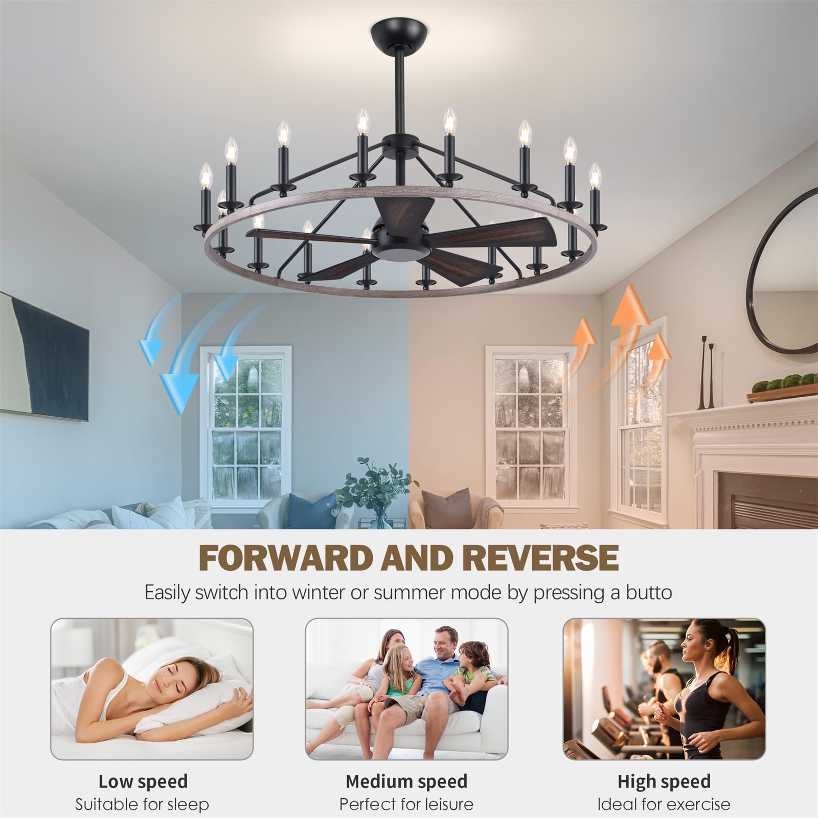 44" Wagon Wheel Chandelier with Fans, Wagon Wheel Ceiling Fan with 16-Lights and Remote, Farmhouse Chandelier for Living Room Dining Room, Adjustable Height, 6-Speed Reversible Quiet Large Fandelier