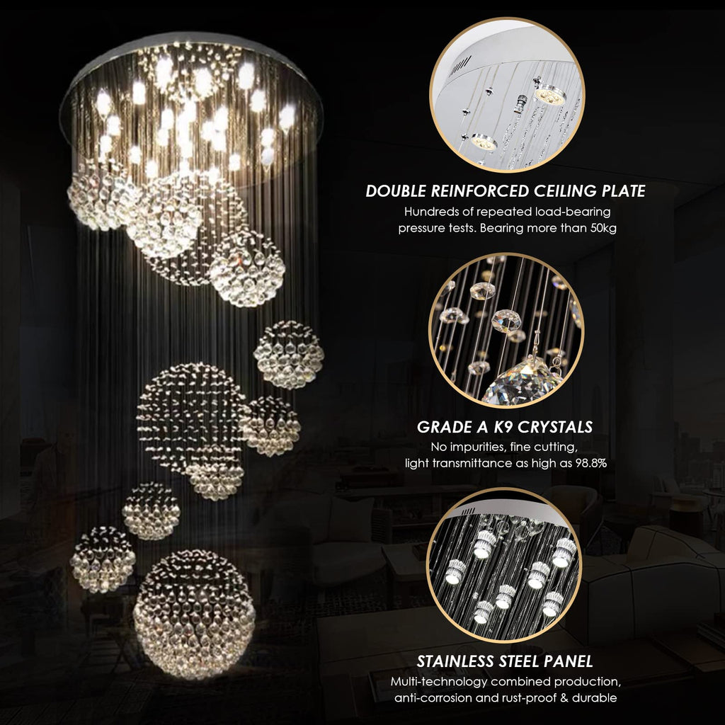 Siljoy Modern Foyer Chandeliers for High Ceiling, Large Staircase Chandelier with Spiral Sphere Design, Raindrop Crystal Chandelier Flush Mount Ceiling Light for Entryway Living Room W31.5 X H110
