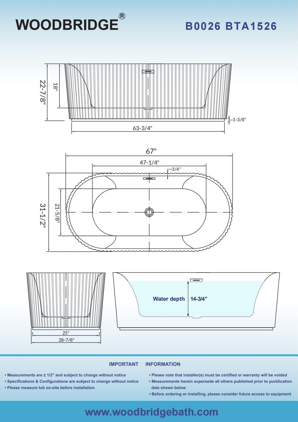 WOODBRIDGE 67" L x 31-1/2" W Freestanding Contemporary Soaking Bathtub with Matte Black Pop-Up Drain Drain and Overflow Option, White, BTA1526/B0026+MB-Drain &O