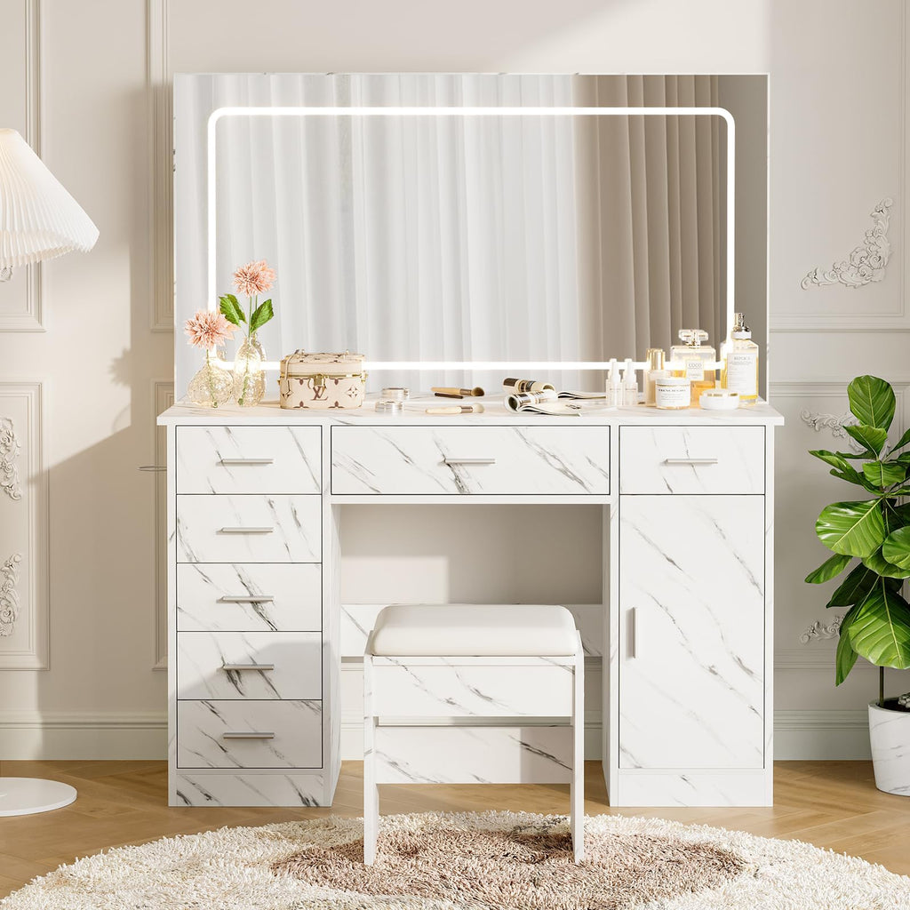 GarveeLife Modern Vanity Desk with LED Mirror – 7 Drawers, Power Outlets, Hair Dryer Holder, 3-Mode Adjustable Lighting – Makeup Dressing Table for Bedroom, Marble White Finish