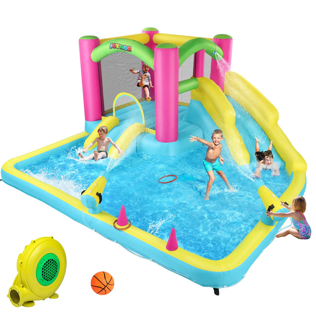 JOYMOR Inflatable Bounce House with Double Water Slide for Kids Toddler Age 3-10, Splash Pool Water Cannons, Ring-Toss Games for Outdoor Backyard Fun Water Toys, Indoor Bouncy Castle with Air Blower