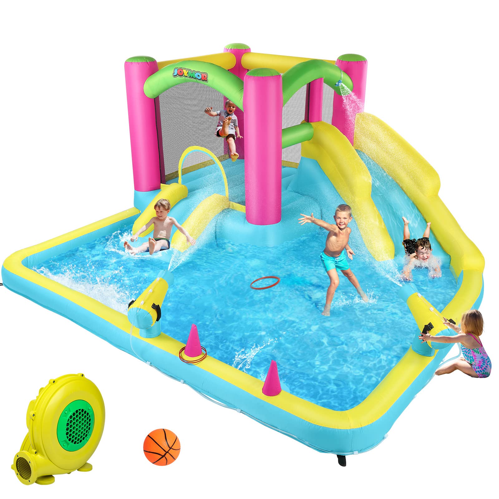 JOYMOR Inflatable Bounce House with Double Water Slide for Kids Toddler Age 3-10, Splash Pool Water Cannons, Ring-Toss Games for Outdoor Backyard Fun Water Toys, Indoor Bouncy Castle with Air Blower