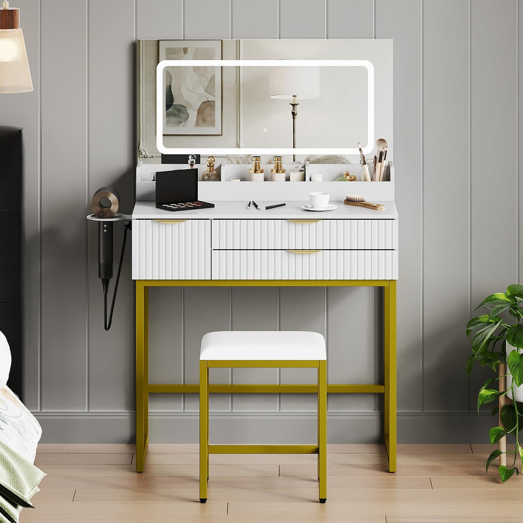 GAOMON 31.5" Glass Top Vanity Desk with LED Mirror – 3 Lighting Modes, Power Outlet, 3 Drawers, Hair Dryer Rack, Stool, Modern Makeup Table for Bedroom, White Board + Gold Metal Frame