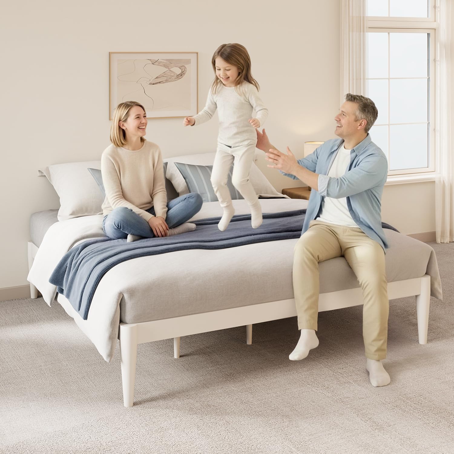 IOTXY California-King Platform Bed Frame - Solid Wood 16-Inch Height Mattress Foundation Base with Densely Slats and Heavy-Duty Support Legs, No Box Spring Needed, White