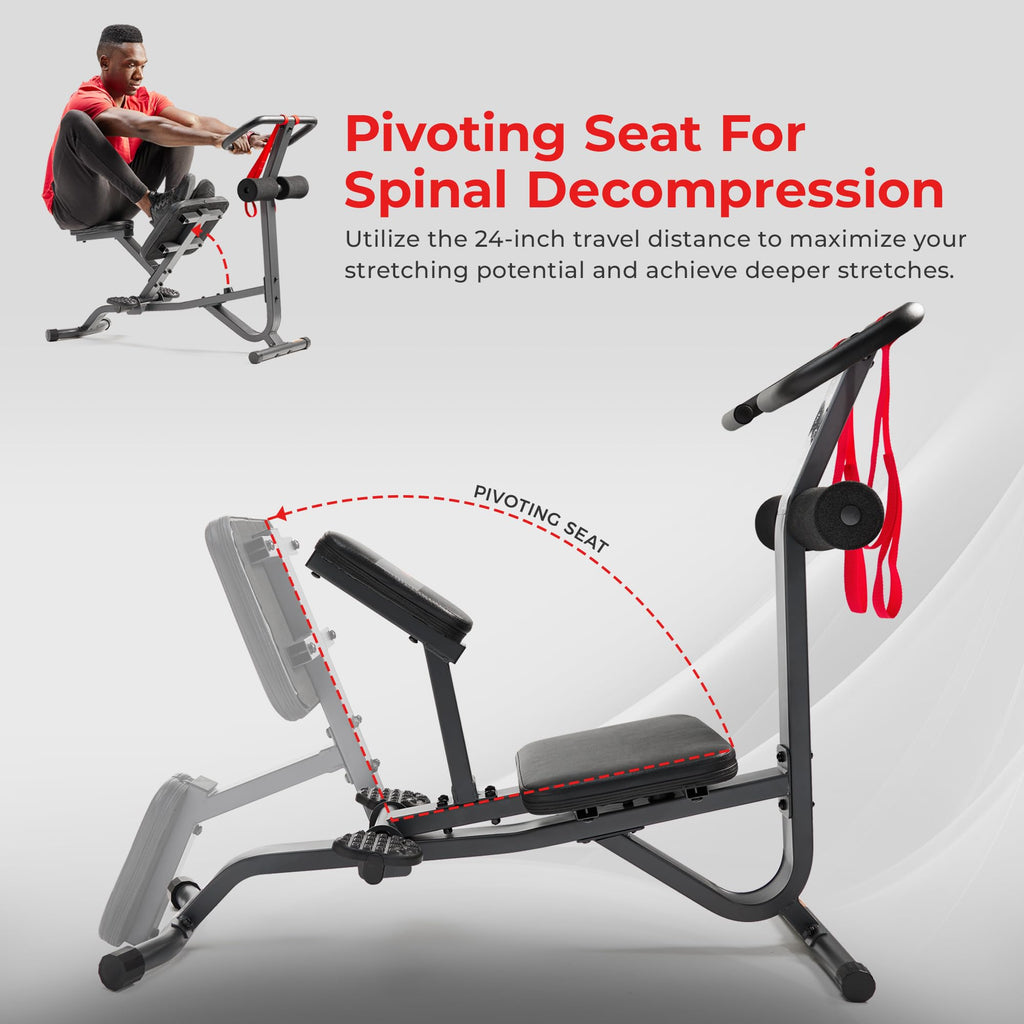 Sunny Health & Fitness Full Body Stretch Machine, Versatile Padded Trainer Back Stretcher, Stretching Equipment with Pivoting Seat, Self-Leveling Pedals, and Multi-Use Handlebar - SF-BH621002