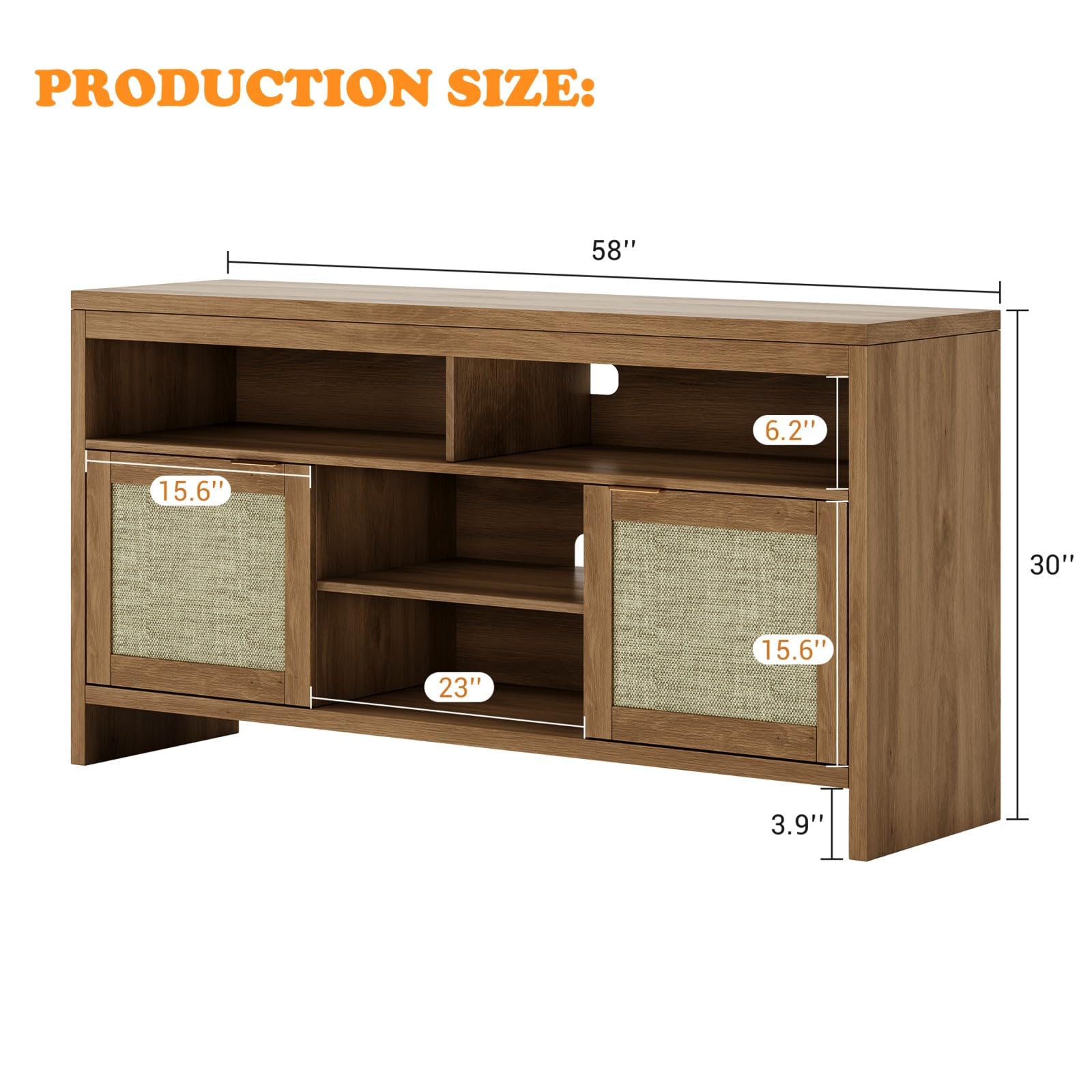 GarveeHome Boho TV Stand for TV Up to 65 in,58" Modern Rattan Entertainment Center with Storage and Adjustable Shelves,Wooden TV Console Cabinet with Doors for Living Room/Bedroom/Farmhouse(Brown)