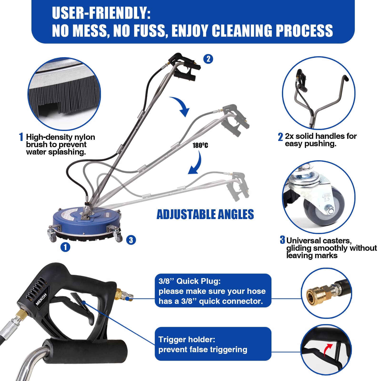 MEKOH Pressure Washer Surface Cleaner 20'', 4500PSI Power Washer Surface Cleaner Attachment with Wheels, Pressure Washer Accessory for Driveway Sidewalk Curb Deck Patio Cleaning, 3/8'' Quick-Connect