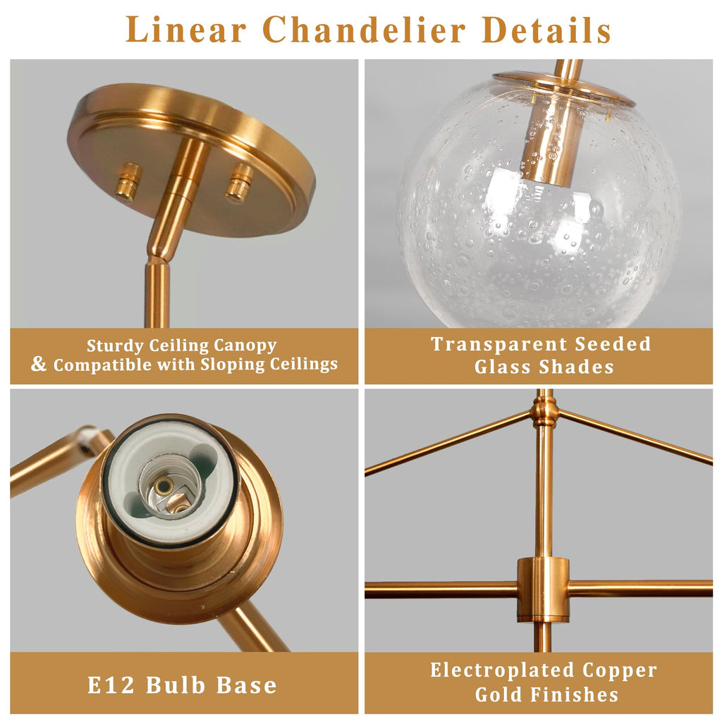 Lzawvm Modern Linear Chandelier Gold 5 Light Dining Room Linear Chandelier with Seeded Glass Globe 39 Inch Kitchen Island Pendant Light Electroplated Copper Finish for Farmhouse Living Room