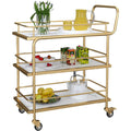 3-Tier Bar Cart with Wheels, Gold Metal Frame with Marble Pattern Shelves, Rolling Serving Trolley with Lockable Casters, Kitchen Living Room Storage Cart, 27x15x34 Inches