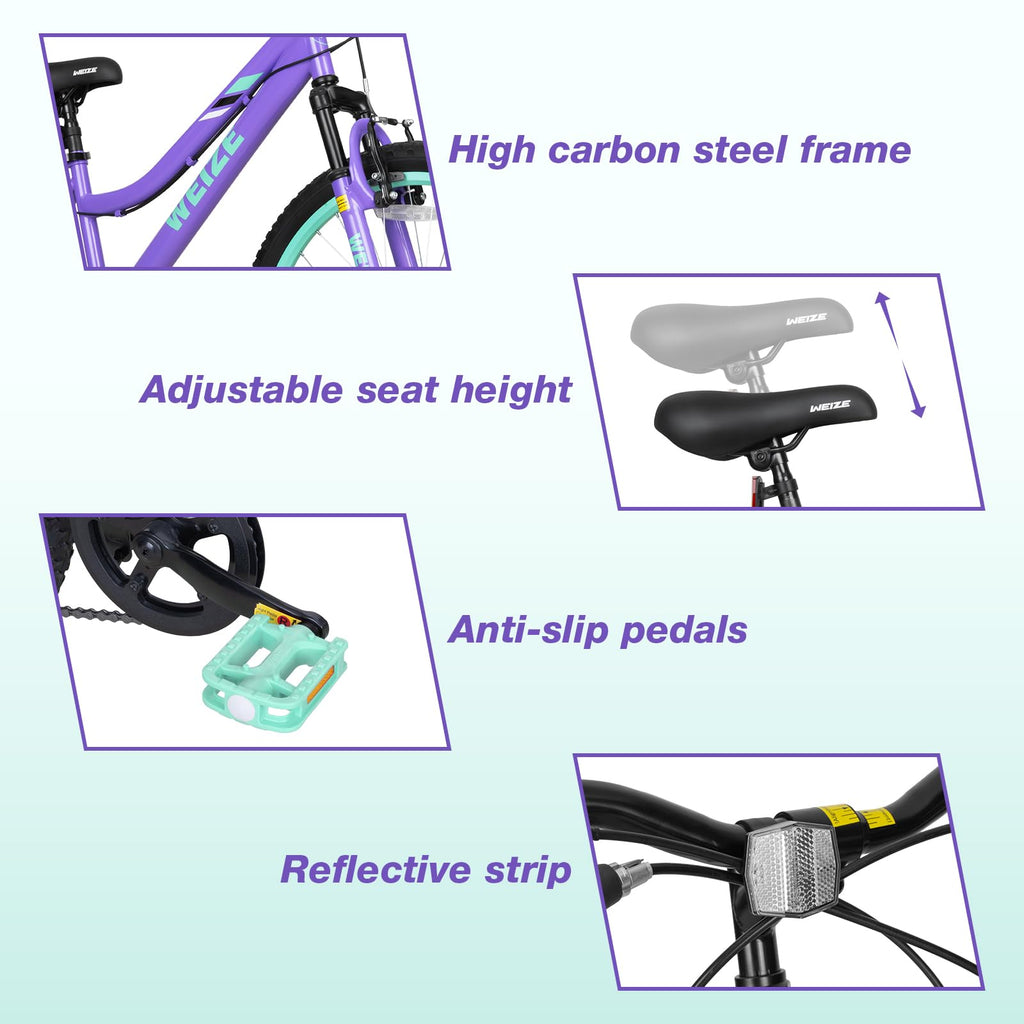 WEIZE 24 Inch Kid Mountain Bike,Kid Bike for Girls Age 6-14 Year Old,6 Speed Kid Bicycle with Front Suspension Fork,Adjustable Seat Height,High-Carbon Steel Frame,Ideal for Girl Adventurers,Purple