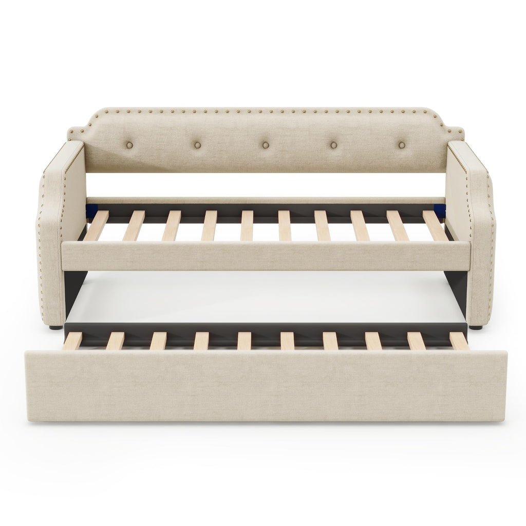 Merax Upholstered Daybed with Trundle, Wood Slat Support,Upholstered Frame Sofa Bed, Twin, Beige