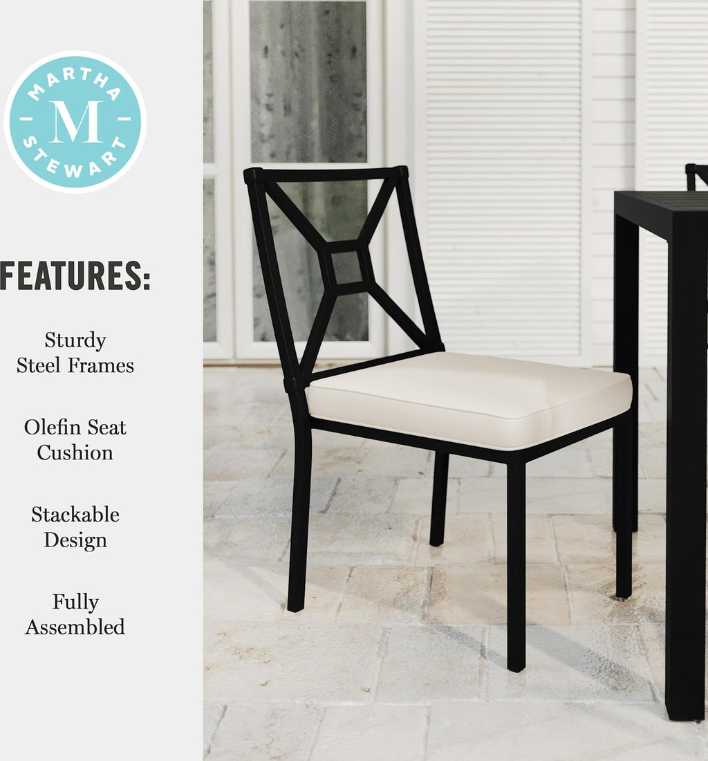Martha Stewart Lily Pond All-Weather Stackable Patio Chairs with Elevated Backrest Design and Steel Frames in Black with Cream Cushions, Set of 2