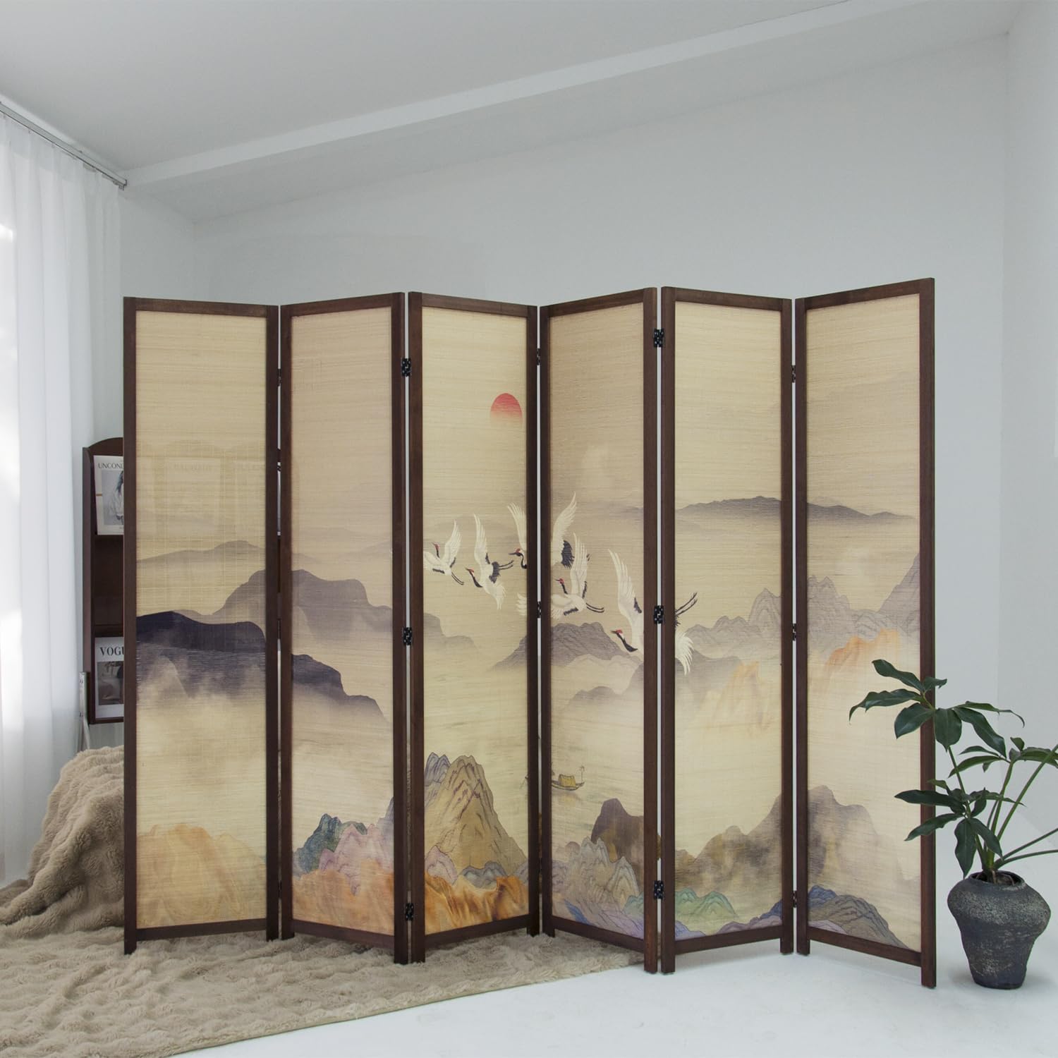 Furnnylane 6 Panel Bamboo Room Divider, 5.6 ft Tall Double-Sided Freestanding Folding Privacy Screen, Premium Thickened Wood Frame with Colorful Landscape Pattern for Home Office (67" H x 94.5" W)