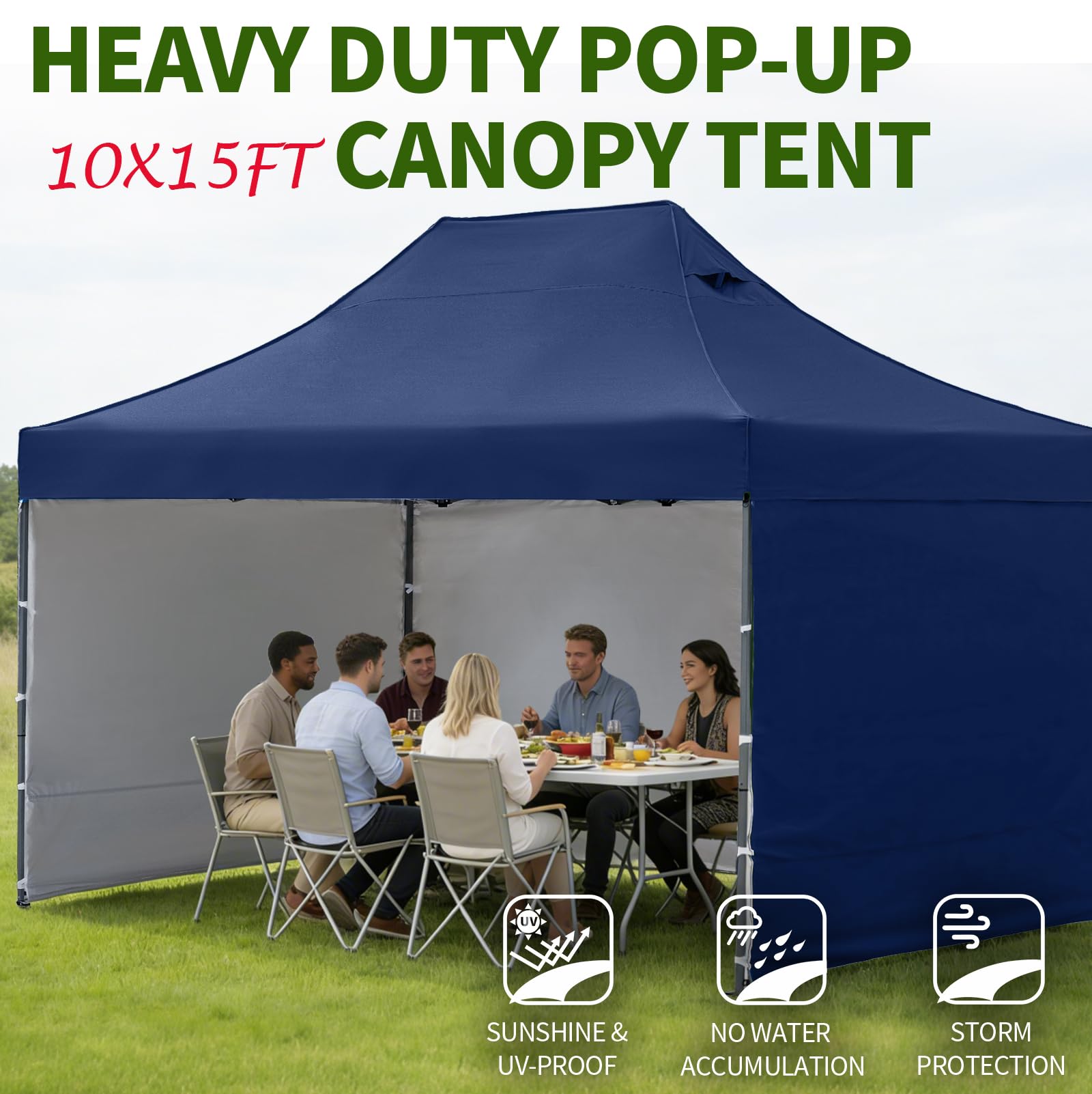 10x15 Heavy Duty Pop Up Canopy Tent, Outdoor Commercial Easy Up Canopy Outdoor Party Tents with 3 Removable sidewalls and Wheeled Bag for Events, Parties, Weddings (Navy Blue)