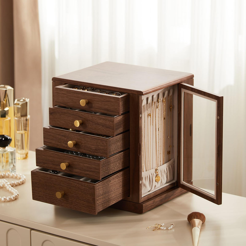 Homruilink Black Walnut Wooden Jewelry Box - 360° Rotating Jewelry Organizer for Women with 5 Drawers for Rings,Necklaces,Earrings and Bracelets -Large Storage Case - Ideal Gift