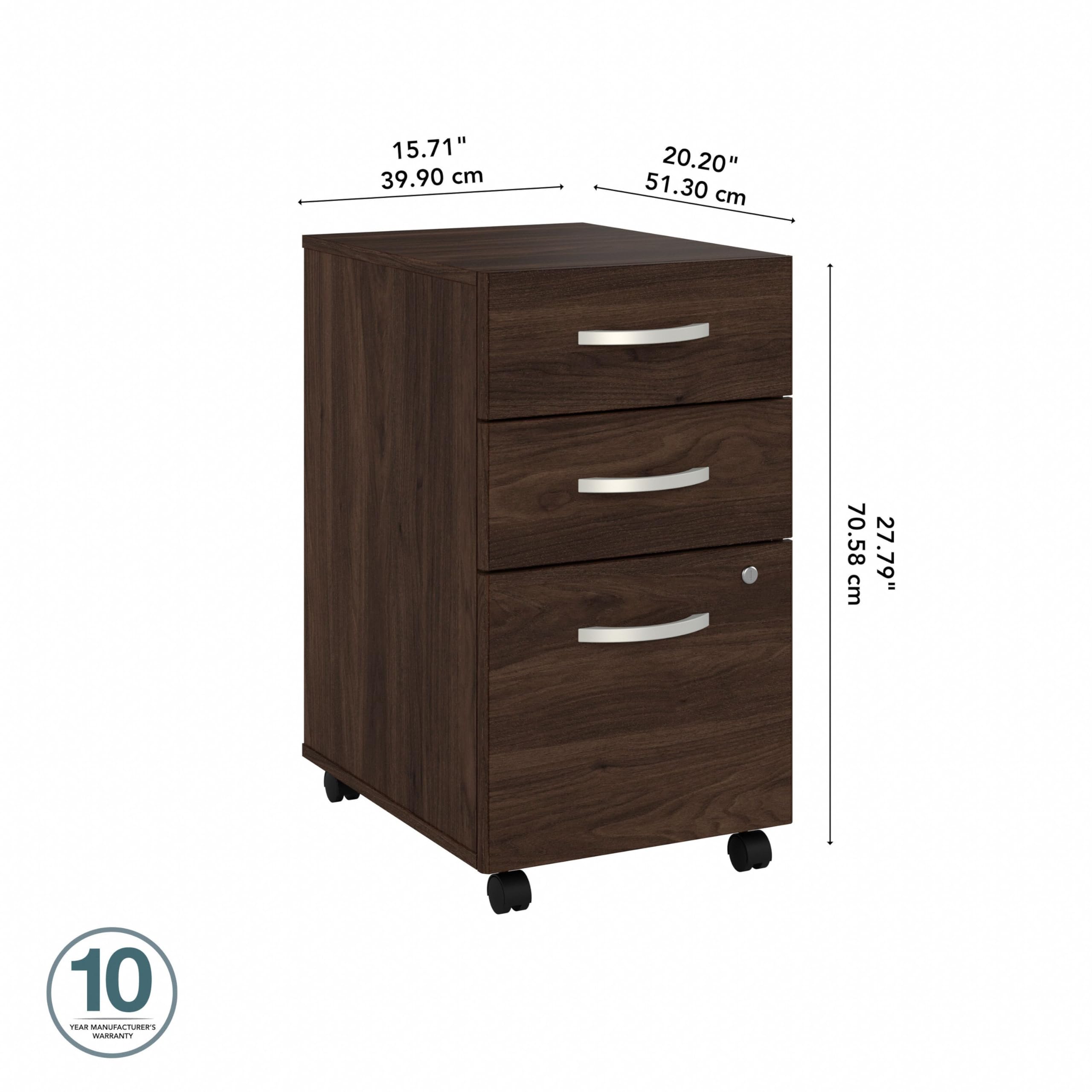 Bush Business Furniture 3 Drawer Mobile File Cabinet - Assembled, Rolling Document Storage for Home or Professional Office, Studio C Collection, Black Walnut