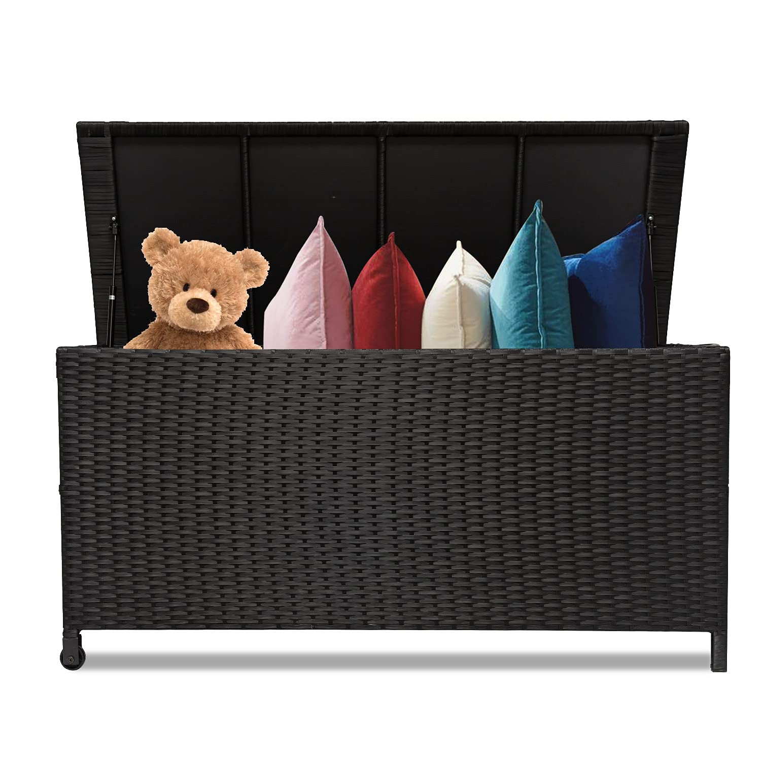 Outdoor Wicker Storage Box, Rattan Woven Bin Deck Box, Large Capacity Water-resistant Container for Patio Garden Tools, Pool Toys, Pillows, Cushions (Black)