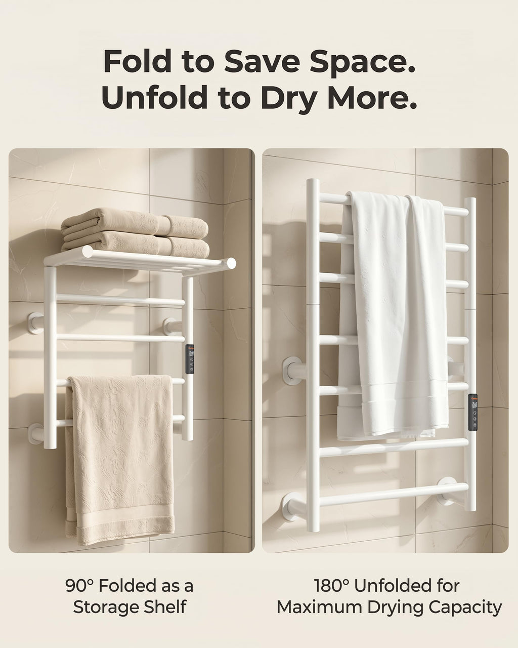 Caldayx Foldable Heated Towel Rack, Dual-Zone Electric Towel Warmer Rack with Timer, GFCI Plug-in or Hardwired, Wall-Mounted, Drill-Free Installation, Matte White, CA3-700X550-Standard-MW