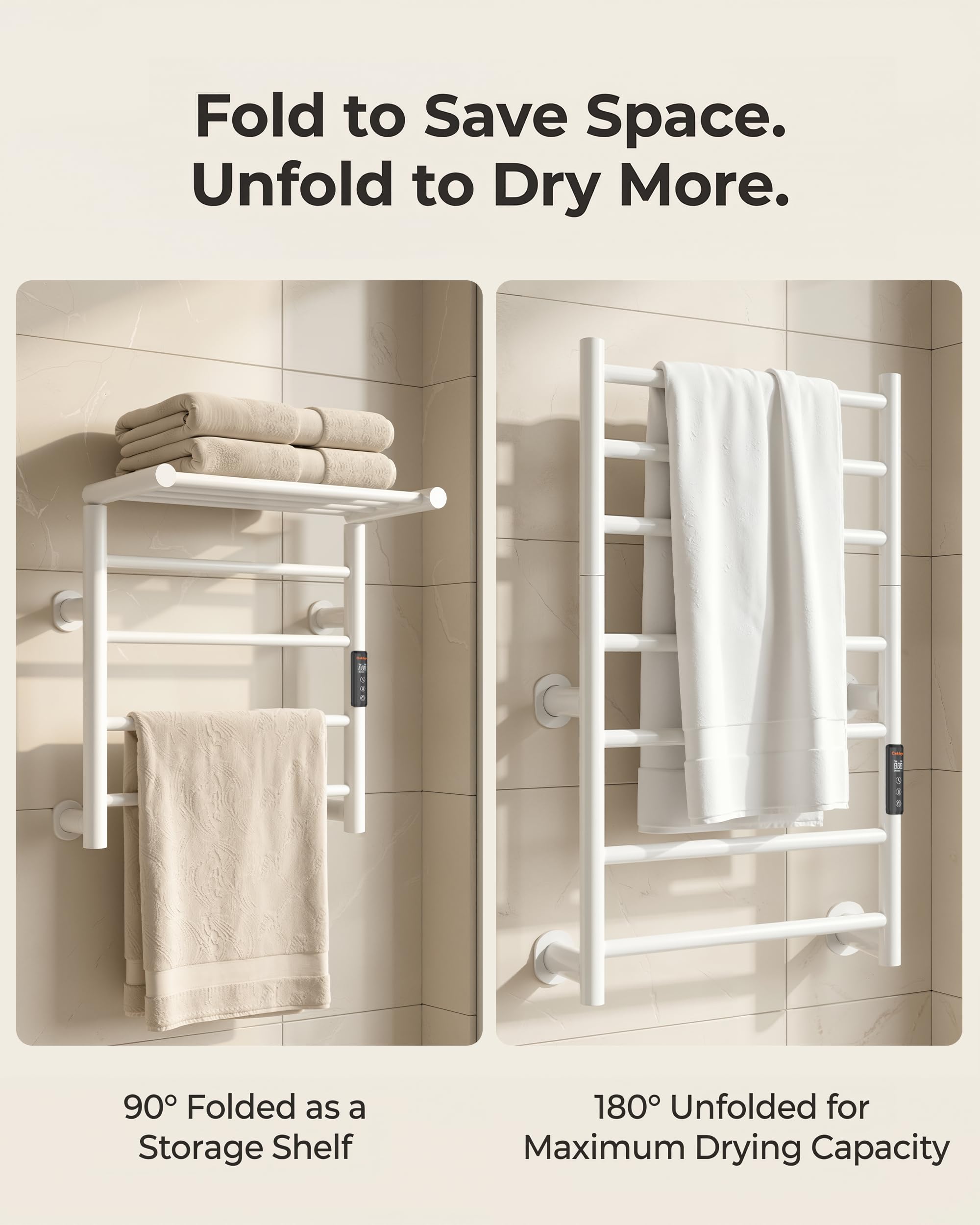 Caldayx Foldable Heated Towel Rack, Dual-Zone Electric Towel Warmer Rack with Timer, GFCI Plug-in or Hardwired, Wall-Mounted, Drill-Free Installation, Matte White, CA3-700X550-Standard-MW