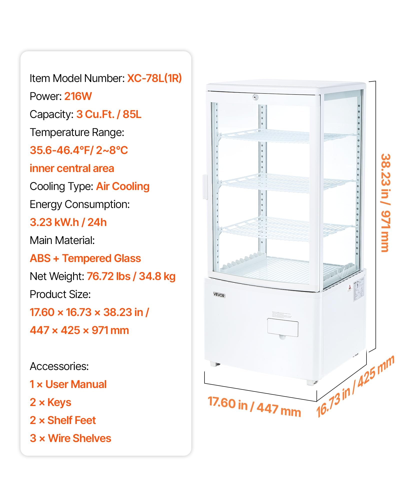 VEVOR Refrigerated Display Case, 3 Cu.Ft./85L Countertop Pastry Display Case, 3-Tier Commercial Cake Refrigerator with LED Lighting, TURBO Cooling, Frost-Free Air-Cooling, for Bakery, Dessert Shop