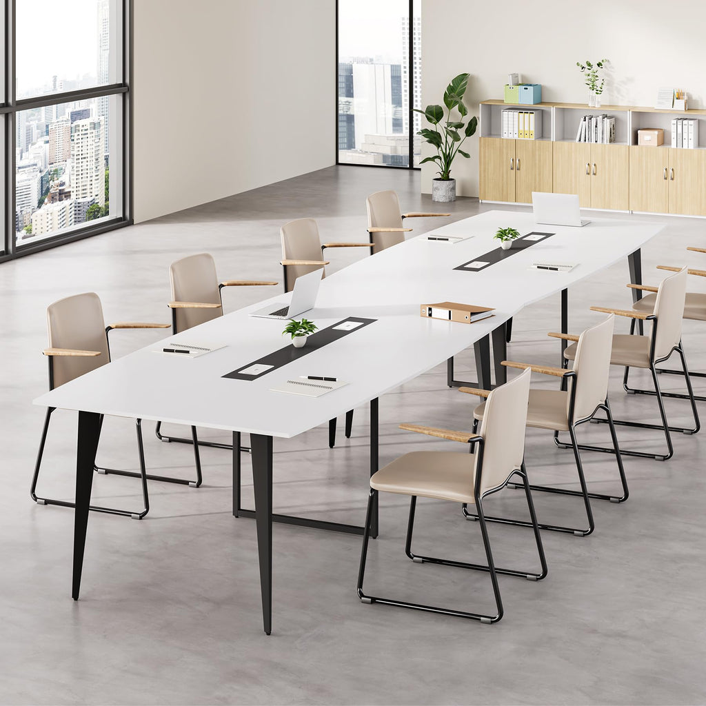 LITTLE TREE 8FT Conference Room Table, 94.48L x 47.21W x 29.52H Boat Shaped Meeting Table, White&Black